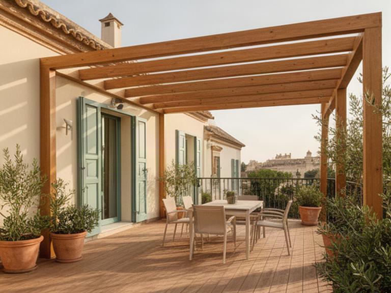 Terraza de madera junto a una vivienda sevillana, con pérgola ligera, plantas mediterráneas y zona de comedor exterior