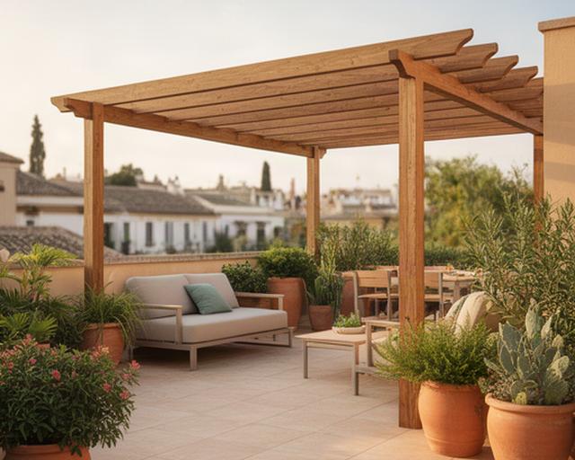 Terraza contemporánea en Sevilla con pérgola de madera, suelo cerámico y plantas mediterráneas
