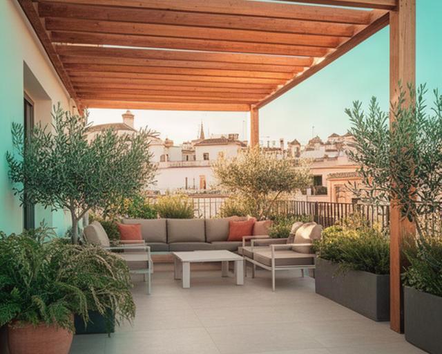 Terraza terminada en una vivienda sevillana con pérgola de madera, suelo porcelánico y plantas mediterráneas