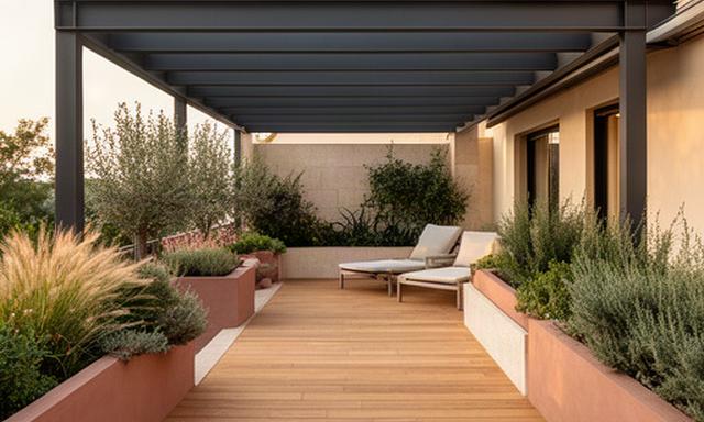 Espacio exterior mixto en Sevilla con tarima de madera, estructura metálica y jardineras integradas