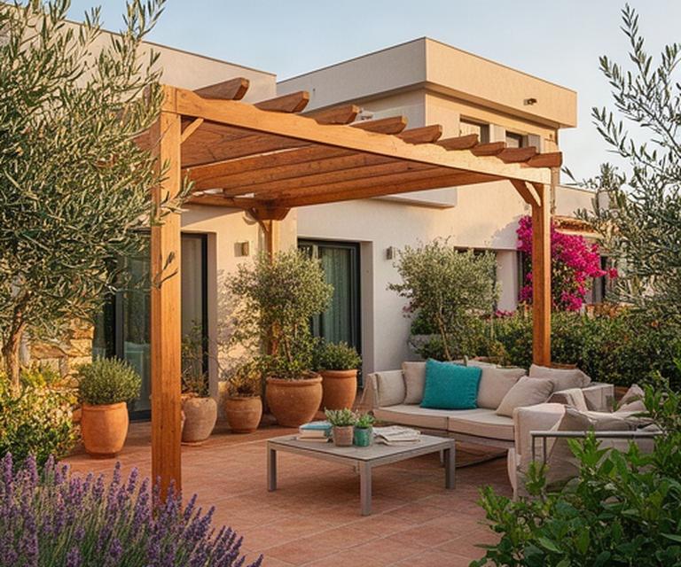 Terraza amplia junto a una vivienda sevillana, con pérgola de madera, suelo cerámico y plantas mediterráneas