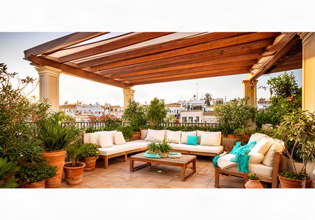 Terraza residencial terminada en Sevilla con pérgola de madera, plantas mediterráneas y zona de descanso luminosa
