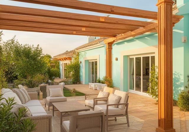 Terraza residencial terminada con pérgola de madera y mobiliario exterior en una vivienda luminosa de Sevilla